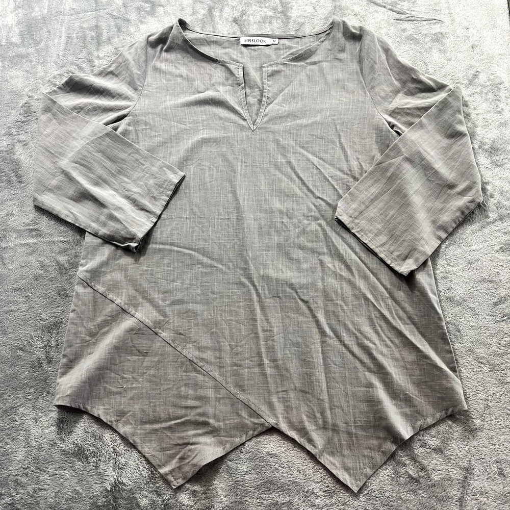 Misslook Womens Medium Gray Lagenlook 3/4 Sleeve Asymmetrical Tunic Top 481428#